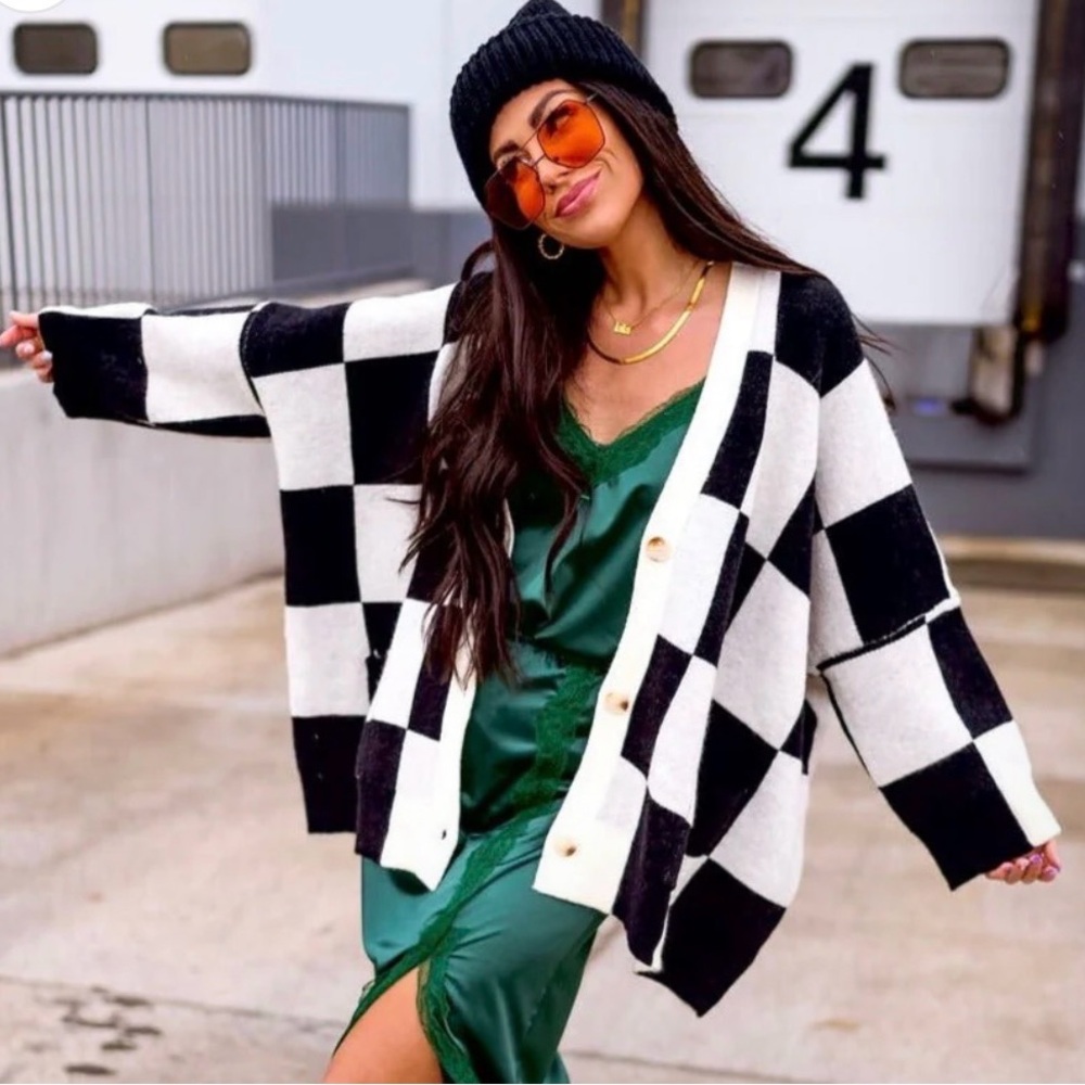 Dressed in Lala Love You Oversized Checkerboard Cardigan in Black + White - Picture 5 of 5